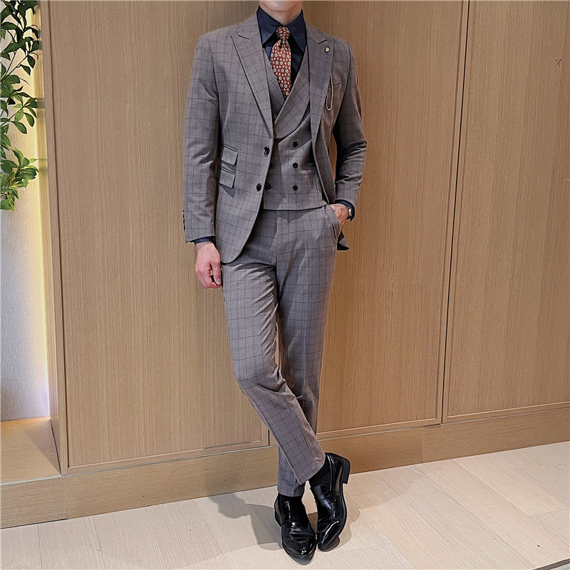 英伦修身男士二粒扣格子西服三件套新郎伴郎礼服套装SJT919-P300,男装西服,电商C308