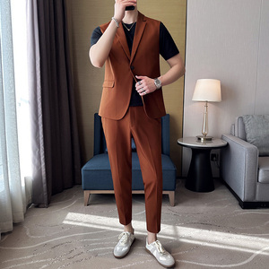 春夏季韩版纯色休闲男士无袖西服英伦时尚九分西裤套装LJT40-P185图片