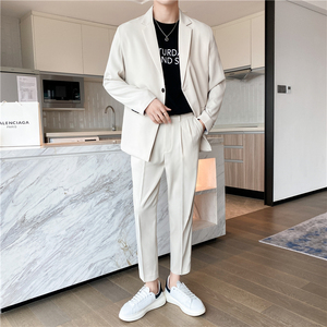 轻熟风英伦纯色宽松西服+阔版休闲九分裤套装 米白色TZ16-P215，男装西服，电商C308