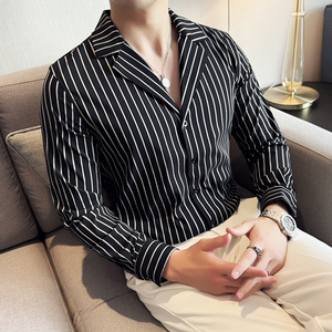 秋冬款英伦经典条纹单排扣男士古巴领长袖衬衫C14-P65图片