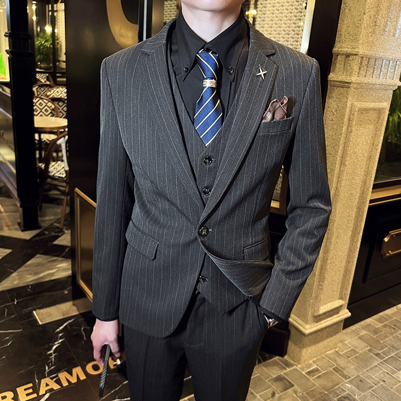 韩版修身男士一粒扣条纹西服三件套新郎伴郎套装咖啡色SJT28-P280,男装西服,电商C308
