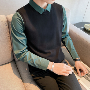 秋冬毛衣假两件衬衫领针织背心套头毛衣男潮 MY4-P75图片