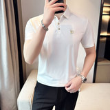 夏季冰丝高弹刺绣翻领无痕T恤男士光滑短袖POLO衫黑色PL1-P58，男装T恤，电商C308