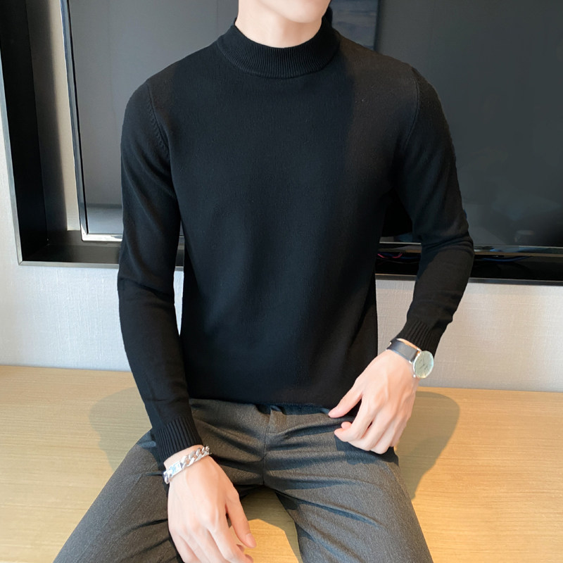 秋冬韩版半高领修身打底衫中领套头纯色针织衫毛衣黑色MY1-P45，男装T恤，电商C308