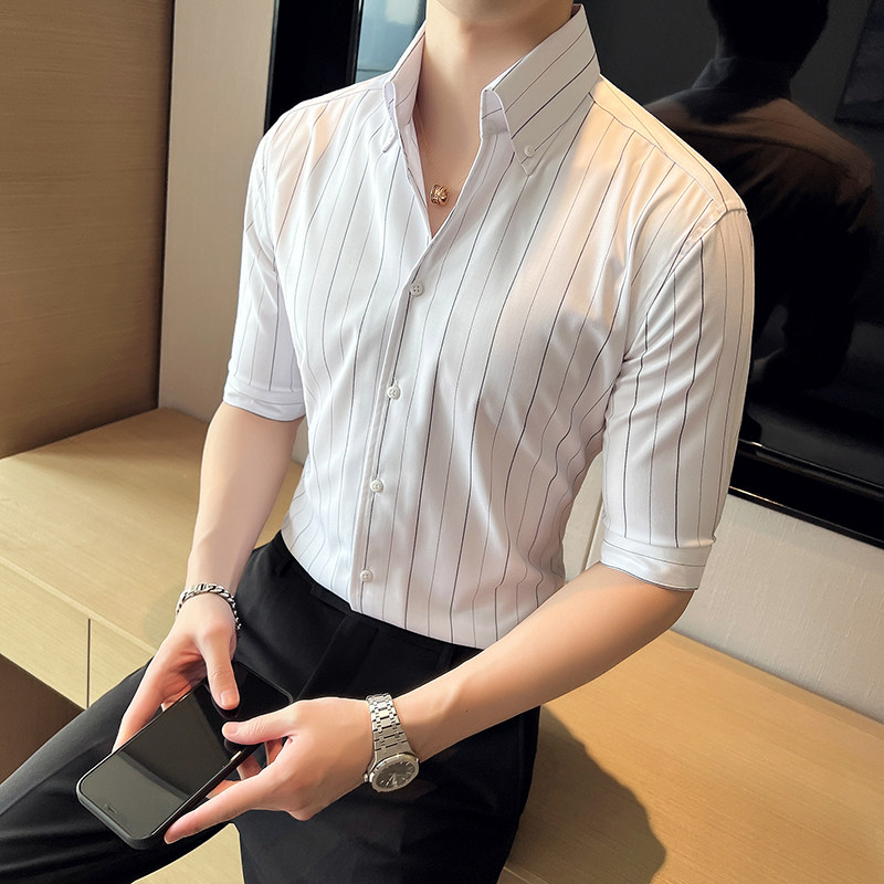 青年雅痞个性网红V领衬衫男中袖帅气修身休闲立领痞帅衬衣C07-P68，男装衬衫，电商C308