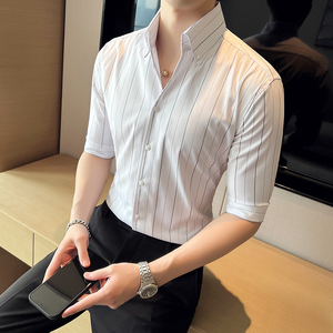 青年雅痞个性网红V领衬衫男中袖帅气修身休闲立领痞帅衬衣C07-P68，男装衬衫，电商C308