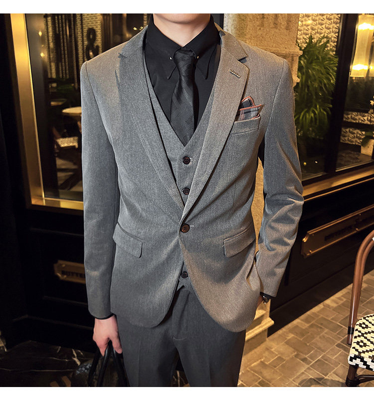 秋冬款英伦韩版修身男士休闲商务西服三件套中灰色SJT830-P265，男装西服，电商C308