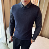 秋冬毛衣假两件衬衫领针织背心套头毛衣男潮黑色MY8239-P95，男装背心/马甲，电商C308