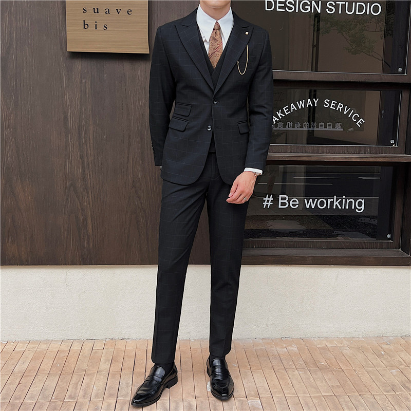 英伦修身男士二粒扣格子西服三件套新郎伴郎礼服套装SJT919-P300，男装西服，电商C308
