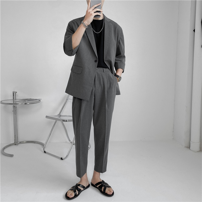 21春夏款轻熟风英伦条纹中袖西服+阔版九分裤套装TZ13-P195，男装西服，电商C308