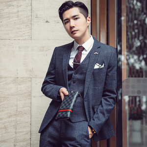 秋冬高品质韩版修身格子男士西服三件套 新郎西服套装SJT956-P260，男装西服套装，电商C308