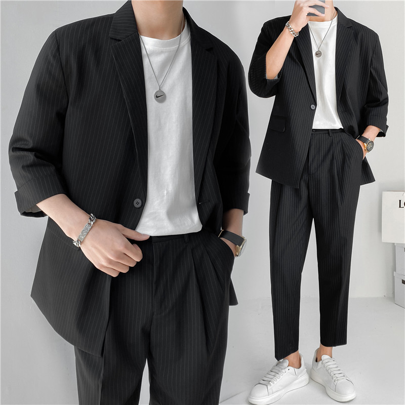 轻熟风微宽英伦条纹中袖西服+阔版九分裤套装TZ13-P195,男装西服,电商C308