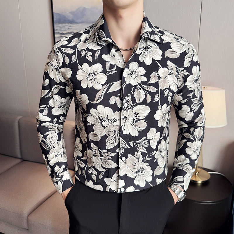 英伦网红个性V领衬衫男长袖潮流修身休闲立领痞帅花衬衣C2413-P68，男装衬衫，电商C308