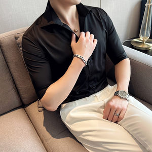 青年雅痞个性一字V领衬衫男中袖帅气修身休闲立领痞帅衬衣C01-P60，男装衬衫，电商C308