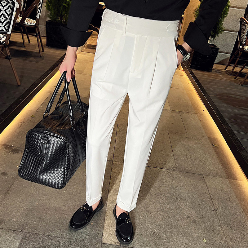 那不勒斯垂直高腰男士直筒西裤免烫流行纯色休闲长裤白色F702-P78，男装西裤，电商C308