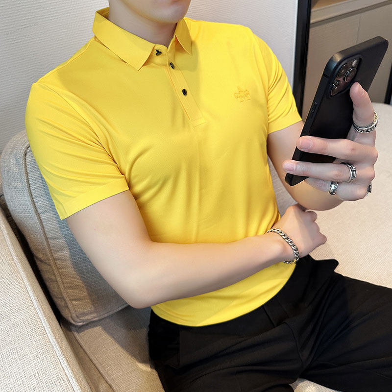 夏季冰丝高弹翻领无痕T恤男士光滑短袖POLO衫卡其色PL2-P48,男装T恤,电商C308