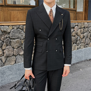 英伦修身男士双排扣格子西服三件套新郎伴郎礼服套装SJT920-P300