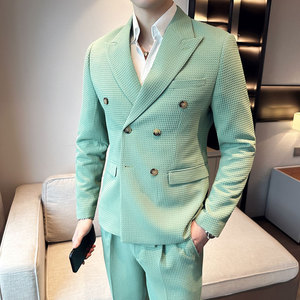 华夫格西装两件套男士套装 休闲双排扣西服套装黑色LJT906-P225图片