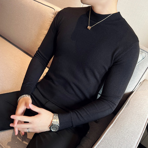 秋冬韩版半高领修身打底衫套头纯色针织衫精致毛衣黑色B5552-P50，男装T恤，电商C308