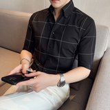 雅痞青年格子个性V领衬衫中袖帅气修身休闲立领痞帅衬衣男C04-P68，男装衬衫，电商C308