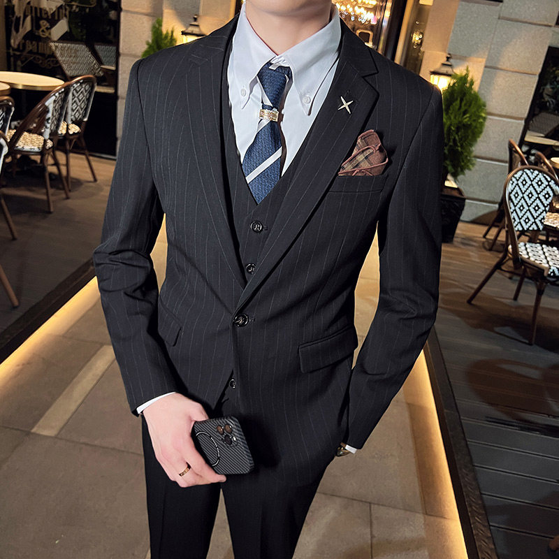 韩版修身男士一粒扣条纹西服三件套新郎伴郎套装黑色SJT28-P280，男装西服，电商C308