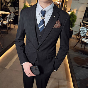 韩版修身男士一粒扣条纹西服三件套新郎伴郎套装黑色SJT28-P280，男装西服，电商C308