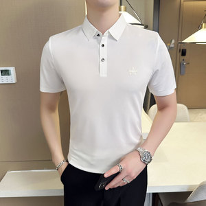 夏季 冰丝高弹翻领无痕T恤男士光滑短袖POLO衫 白色PL2-P48图片