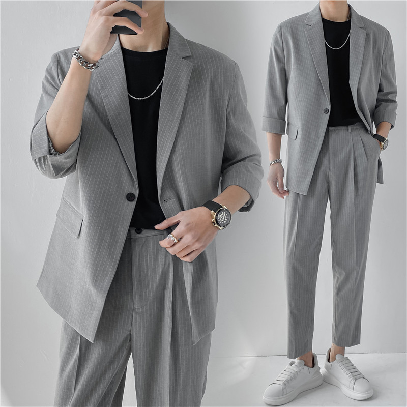 轻熟风微宽英伦条纹中袖西服+阔版九分裤套装TZ13-P195，男装西服，电商C308