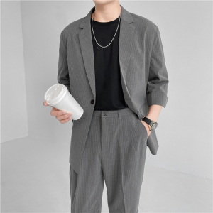 春夏款 轻熟风英伦条纹中袖西服+阔版九分裤套装 TZ13-P195图片