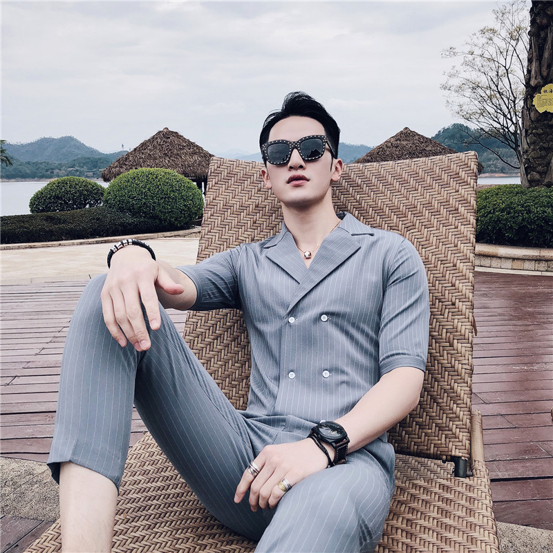 春夏英伦条纹中袖双排扣衬衫+九分裤套装LJT238-P135，男装衬衫，电商C308
