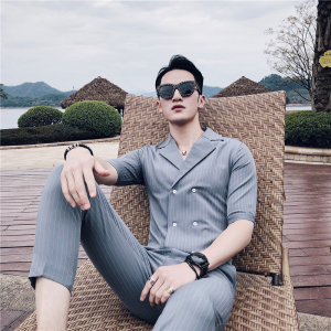 春夏 英伦条纹中袖双排扣衬衫+九分裤套装LJT238-P135，男装衬衫，电商C308
