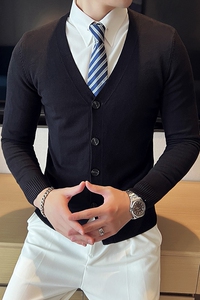 秋冬韩版修身落肩开衫毛衣潮流百搭休闲外套针织衫黑色B5556-P75图片