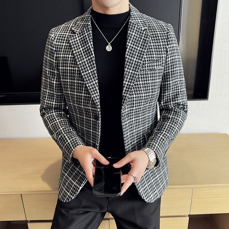 英伦韩版修身男士休闲毛呢格子西服加厚外套X930-P155图片
