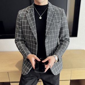 英伦韩版修身男士休闲毛呢格子西服加厚外套X930-P155图片