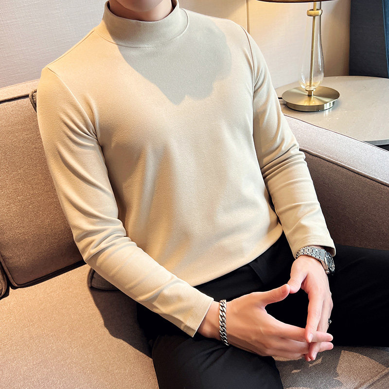 男士双面德绒长袖半高领打底衫韩版修身套头内搭杏色C68002-P40，男装T恤，电商C308