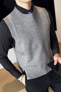 秋冬韩版修身马甲背心毛衣潮流百搭休闲圆领针织衫蓝色C67003-P70图片