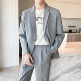 轻熟风英伦条纹微宽长袖西服九分西裤套装浅灰色TZ14-P215，男装西服，电商C308