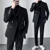 秋冬英伦韩版修身双排扣纯色休闲商务西服套装中灰色LJT830A-P220，男装西服套装，电商C308