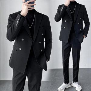 秋冬英伦韩版修身双排扣纯色休闲商务西服套装中灰色LJT830A-P220图片