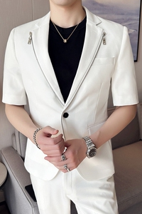 春夏款纯色休闲男士中袖拉链西服英伦时尚九分西裤套装LJT38-P200图片