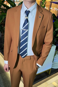 英伦韩版修身男士休闲商务西服套装新郎套装咖啡色LJT888-P225图片