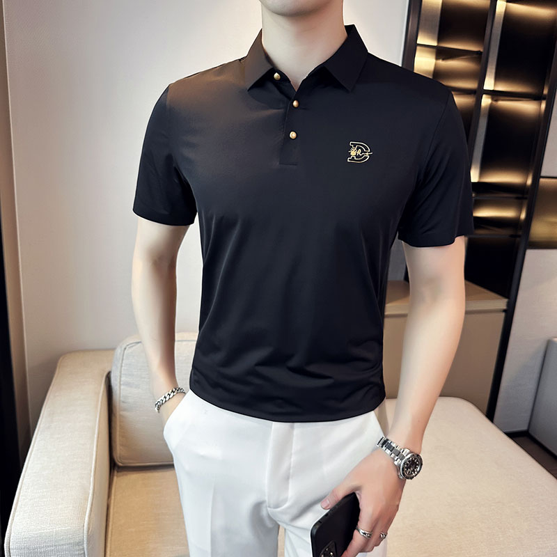 夏季冰丝高弹刺绣翻领无痕T恤男士光滑短袖POLO衫桔色PL1-P58,男装T恤,电商C308