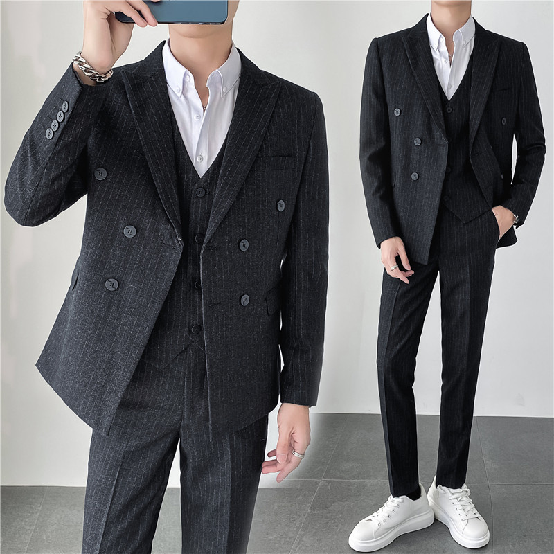 ins轻熟风韩版修身男士休闲双排扣条纹西服三件套装SJT903A-P265，男装西服，电商C308