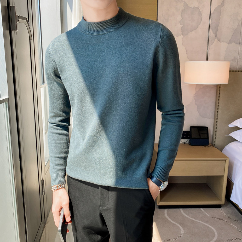 秋冬韩版半高领修身打底衫中领套头纯色针织衫毛衣灰色MY1-P45，男装T恤，电商C308