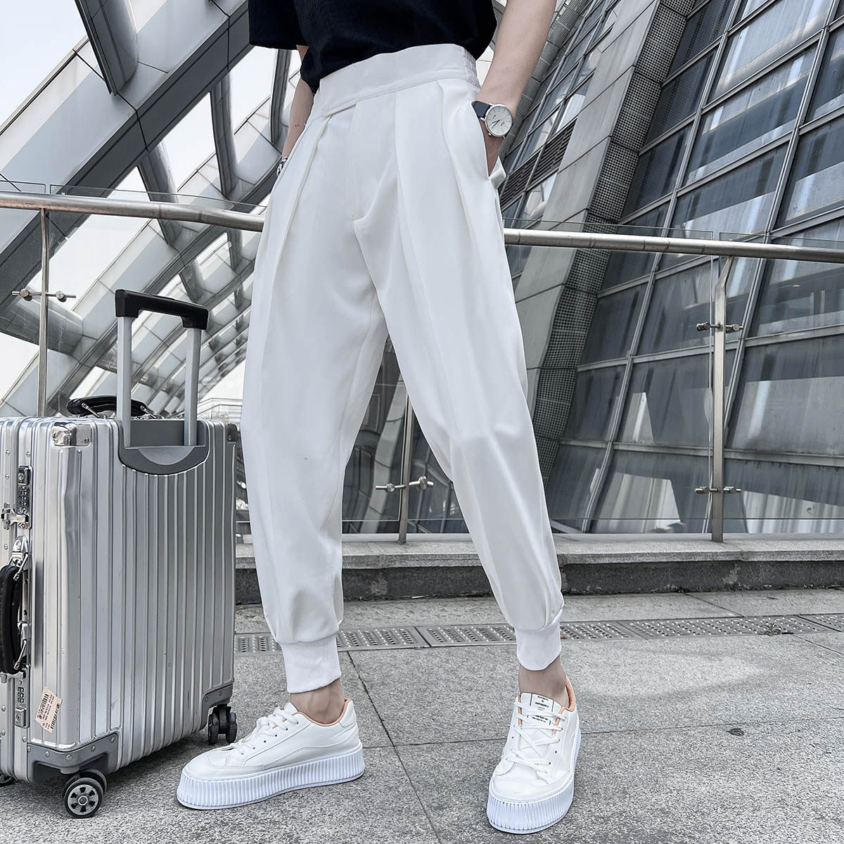 春夏青春松紧腰魔术贴休闲裤男潮流束脚垂感西裤九分裤K03-P65，男装西裤，电商C308