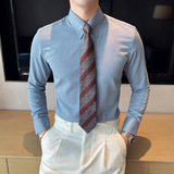 网红大领衬衫男长袖薄款潮流帅气修身休闲立领纯色衬衣蓝C51-P68，男装衬衫，电商C308