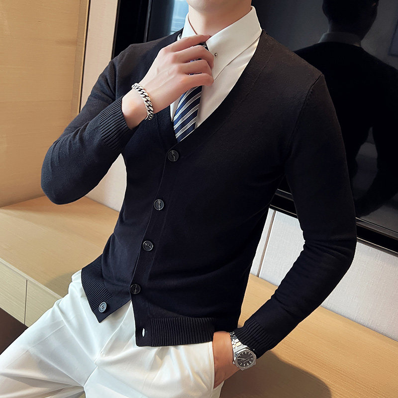秋冬韩版修身落肩开衫毛衣潮流百搭休闲外套针织衫黑色B5556-P75，男装针织衫/毛衣，电商C308