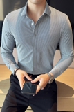 高级感弹力无痕压胶坠感丝滑条纹长袖衬衫修身衬衣黑色C1201-P95，男装衬衫，电商C308