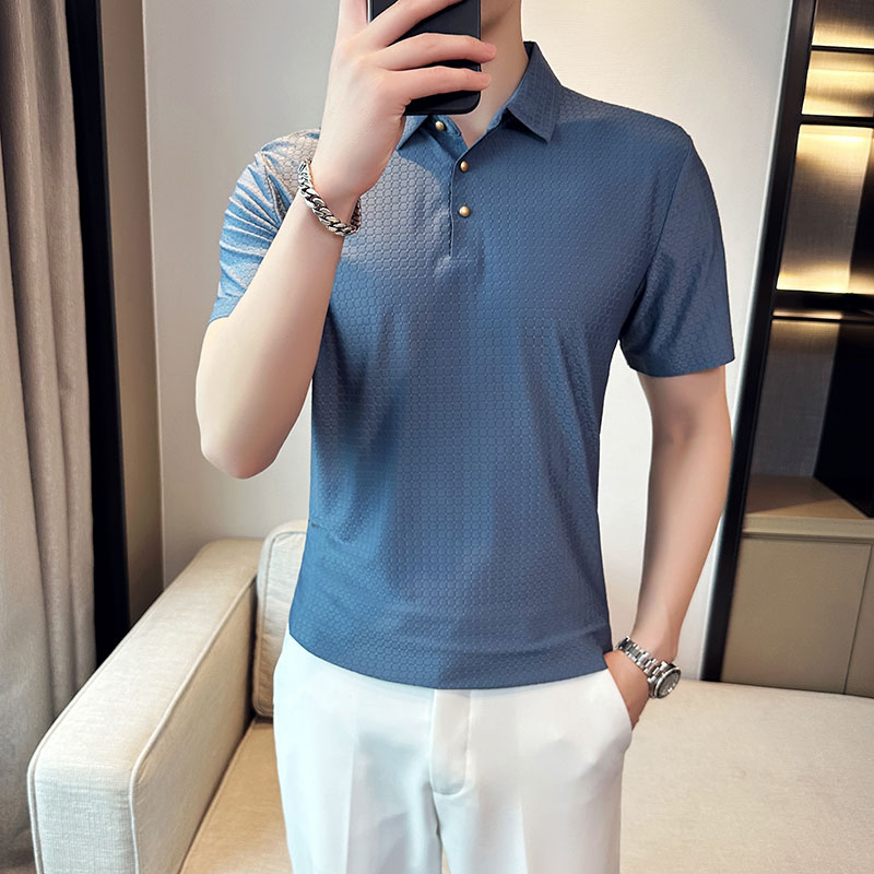 夏季冰丝高弹翻领无痕T恤男士纯色修身短袖POLO衫蓝色PL3-P58,男装T恤,电商C308
