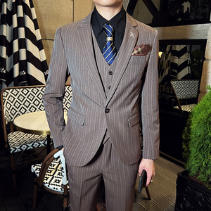 韩版修身男士一粒扣条纹西服三件套新郎伴郎套装深灰色SJT28-P280图片